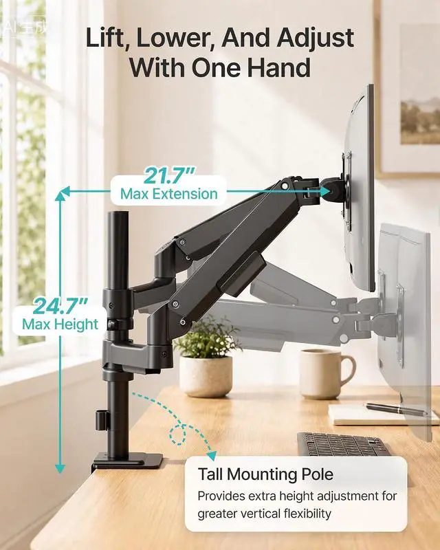 Alt view image 7 of 7 - Dual Monitor Stand for 17-32 Inch Screens, Gas Spring Dual Monitor Mount with Clamp/Grommet Base, Ergonomic Full Motion Arms Support up to 19.8 lbs, with Cable Management