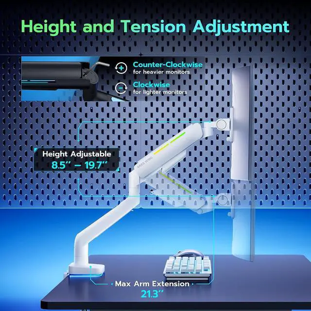 Alt view image 7 of 7 - Ultrawide Monitor arm for 17-49'' Heavy Duty Screen up to 44lbs, Gas Spring Single Monitor Arm with RGB Light, Adjustable Gaming Computer Monitor Arm for Desk, White