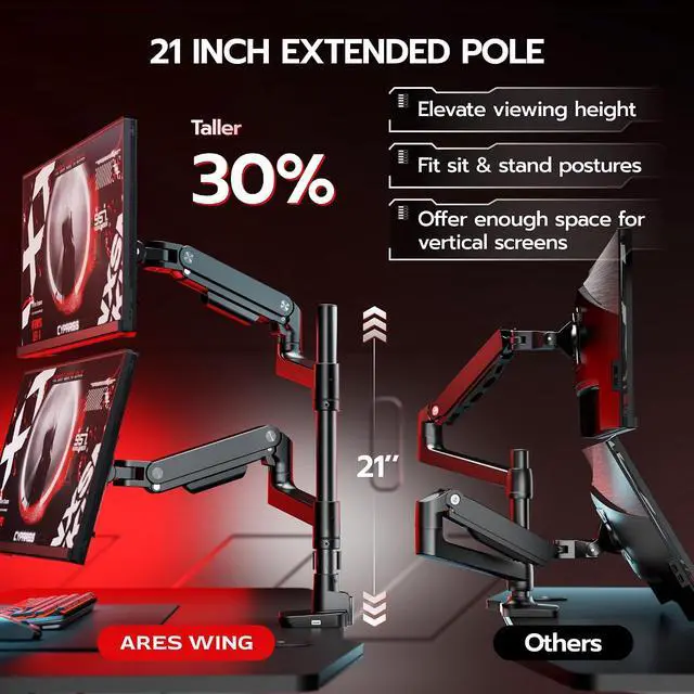 Alt view image 3 of 7 - Tall Vertical Dual Ultrawide Monitor Mount with USB for 17-49'' Screen, Holds 44 Lbs, Computer Arms for 2 Screens with Gas Spring, Adjustable Double Monitor Stand for Desk, Black
