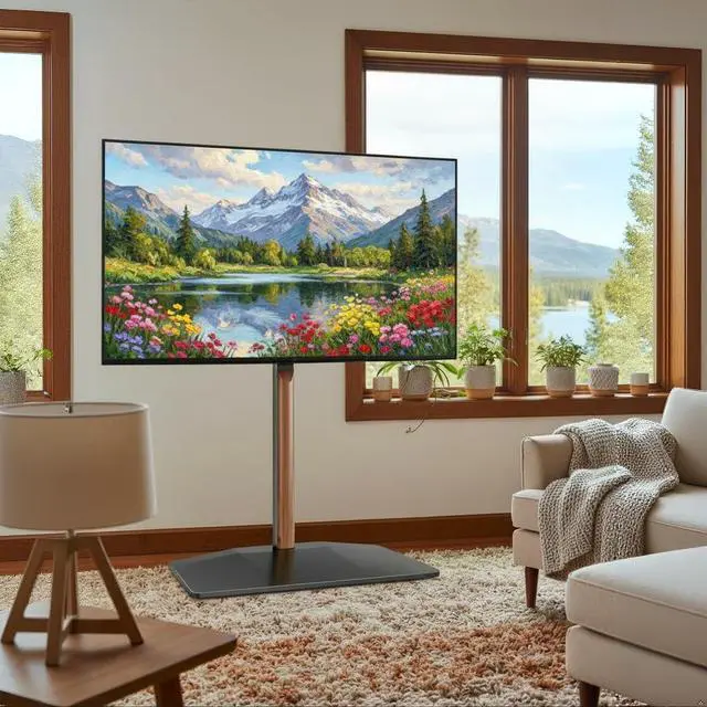 Alt view image 2 of 7 - Universal Swivel TV Stand with Wood for 32-85 Inch LCD LED OLED Screen, Holds 132 Lbs, Height Adjustable Floor TV Stand, Max VESA 600 * 400mm, Black, for Bedroom Living Room