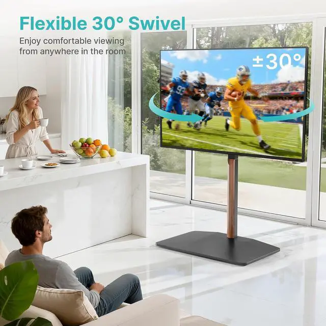 Alt view image 4 of 7 - Universal Swivel TV Stand with Wood for 32-85 Inch LCD LED OLED Screen, Holds 132 Lbs, Height Adjustable Floor TV Stand, Max VESA 600 * 400mm, Black, for Bedroom Living Room