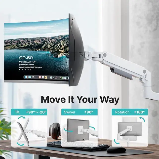 Alt view image 4 of 7 - Single Monitor Arm for 17-49Ultrawide Monitors, Heavy Duty Single Monitor Mount Holds 44 lbs, Full Motion Gas Spring Vertical Desk Mount, 75/100 VESA Mount, (White)