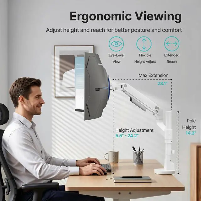 Alt view image 6 of 7 - Single Monitor Arm for 17-49Ultrawide Monitors, Heavy Duty Single Monitor Mount Holds 44 lbs, Full Motion Gas Spring Vertical Desk Mount, 75/100 VESA Mount, (White)