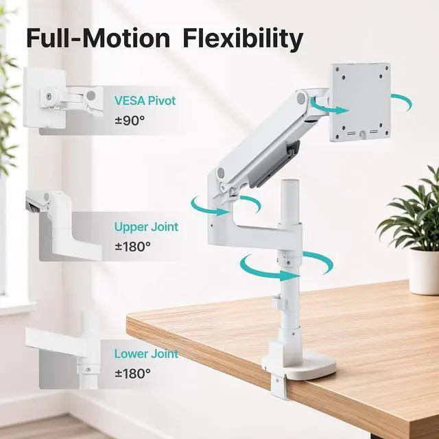 Alt view image 5 of 7 - Single Monitor Arm for 17-49Ultrawide Monitors, Heavy Duty Single Monitor Mount Holds 44 lbs, Full Motion Gas Spring Vertical Desk Mount, 75/100 VESA Mount, (White)