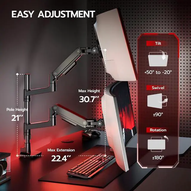 Alt view image 5 of 7 - Tall Vertical Dual Ultrawide Monitor Mount with USB for 17-49'' Screen, Holds 44 Lbs, Computer Arms for 2 Screens with Gas Spring, Adjustable Double Monitor Stand for Desk, Black