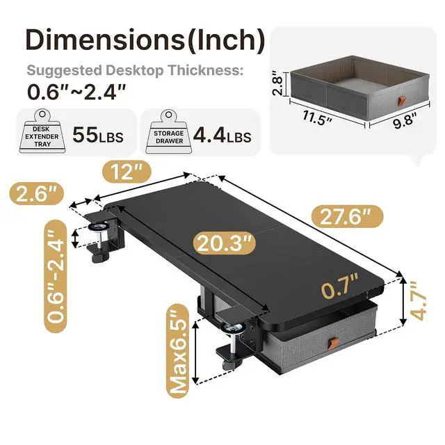 Alt view image 6 of 7 - Desk Extender Tray, 28" x 12", with Storage Drawer, Large, Black | Desk Extension, Clamp on Desk Shelf, Clamp On Keyboard Tray for Office and Home, Workstation Organizer