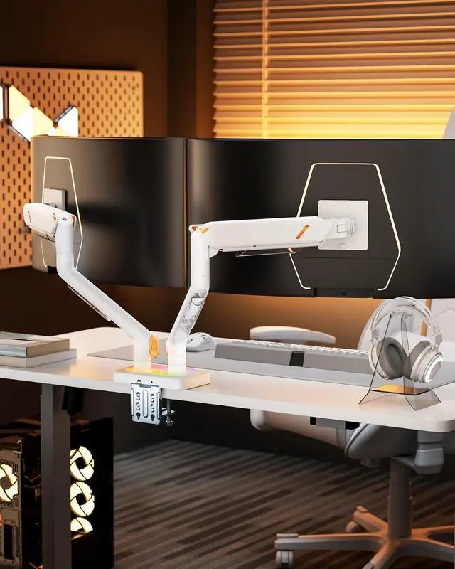 Alt view image 7 of 7 - Monitor Arm with RGB, Ultrawide Dual Monitor Mount for 17-45 Inch, Heavy Duty Mechanical Spring Monitor Stand Holds up to 44lbs, 75/100 VESA Mount with Clamp/Grommet Base, White