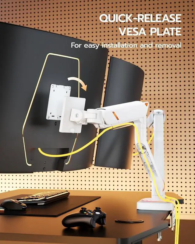 Alt view image 6 of 7 - Monitor Arm with RGB, Ultrawide Dual Monitor Mount for 17-45 Inch, Heavy Duty Mechanical Spring Monitor Stand Holds up to 44lbs, 75/100 VESA Mount with Clamp/Grommet Base, White