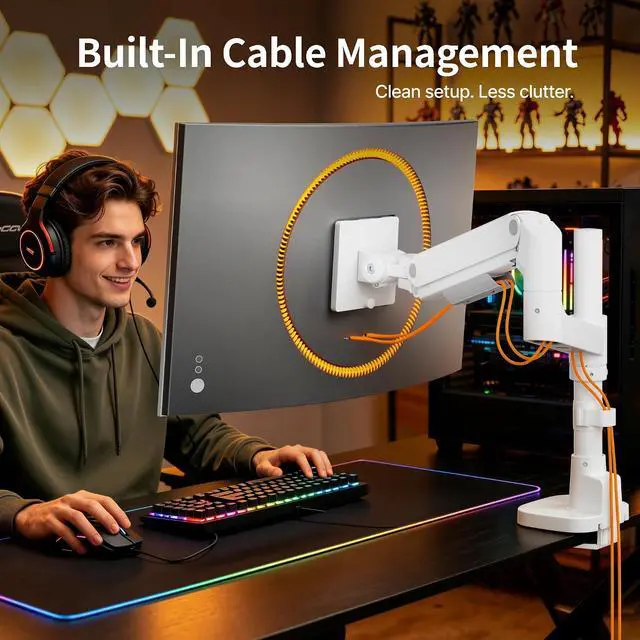 Alt view image 7 of 7 - Single Monitor Arm for 17-49Ultrawide Monitors, Heavy Duty Single Monitor Mount Holds 44 lbs, Full Motion Gas Spring Vertical Desk Mount, 75/100 VESA Mount, (White)