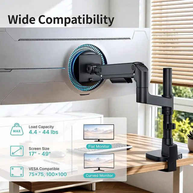 Alt view image 2 of 7 - Single Monitor Arm for 17-49Ultrawide Monitors, Heavy Duty Single Monitor Mount Holds 44 lbs, Full Motion Gas Spring Vertical Desk Mount, 75/100 VESA Mount, (Balck)