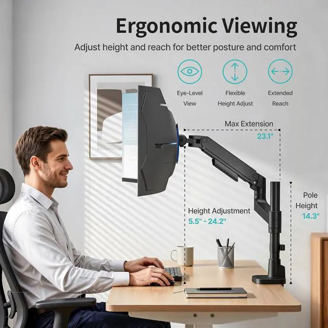 Alt view image 6 of 7 - Single Monitor Arm for 17-49Ultrawide Monitors, Heavy Duty Single Monitor Mount Holds 44 lbs, Full Motion Gas Spring Vertical Desk Mount, 75/100 VESA Mount, (Balck)