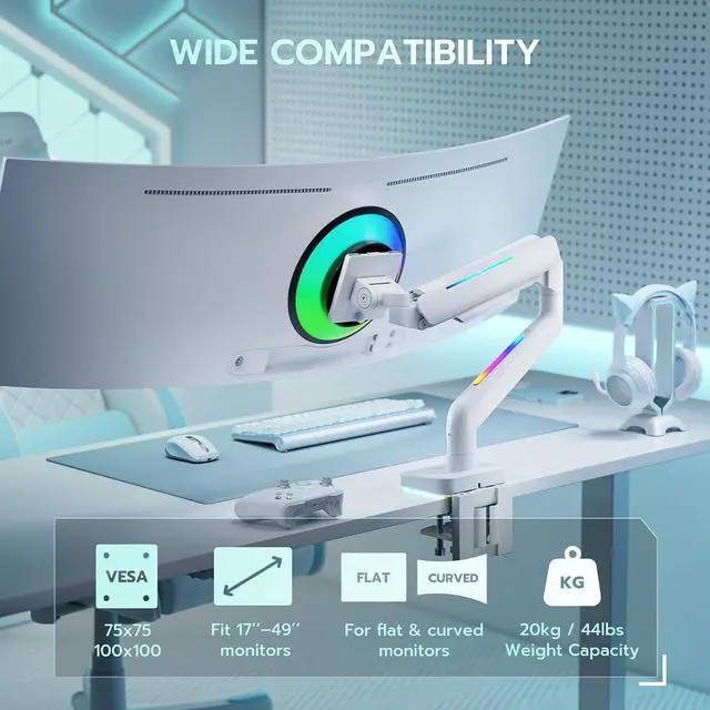 Alt view image 2 of 7 - Gas Spring Monitor Arm with RGB, Ultrawide Monitor Mount for 17-49 Inch Heavy Duty Screen up to 44lbs, Adjustable Gaming Computer Single Monitor Arm for Desk, White