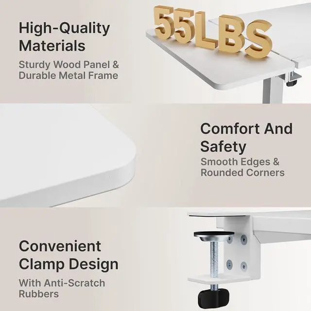 Alt view image 3 of 7 - Desk Extender Tray, 24" x 12", with Storage Drawer, Medium, White | Desk Extension, Clamp on Desk Shelf, Clamp on Keyboard Tray for Office and Home, Workstation Organizer