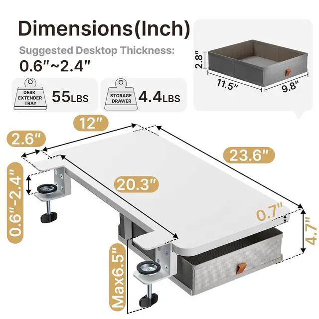 Alt view image 6 of 7 - Desk Extender Tray, 24" x 12", with Storage Drawer, Medium, White | Desk Extension, Clamp on Desk Shelf, Clamp on Keyboard Tray for Office and Home, Workstation Organizer