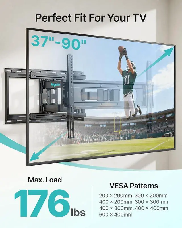 Alt view image 2 of 7 - Full Motion TV Wall Mount for 37-90 Inch TVs up to 176lbs, 25.4" Extension, Swivel Heavy Duty TV Bracket, Sliding Dual Arms for Off-Center Studs, Fits 16"/ 18" /24", VESA 600x400