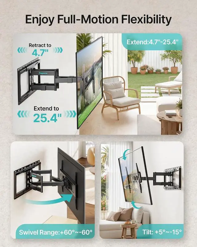 Alt view image 3 of 7 - Full Motion TV Wall Mount for 37-90 Inch TVs up to 176lbs, 25.4" Extension, Swivel Heavy Duty TV Bracket, Sliding Dual Arms for Off-Center Studs, Fits 16"/ 18" /24", VESA 600x400