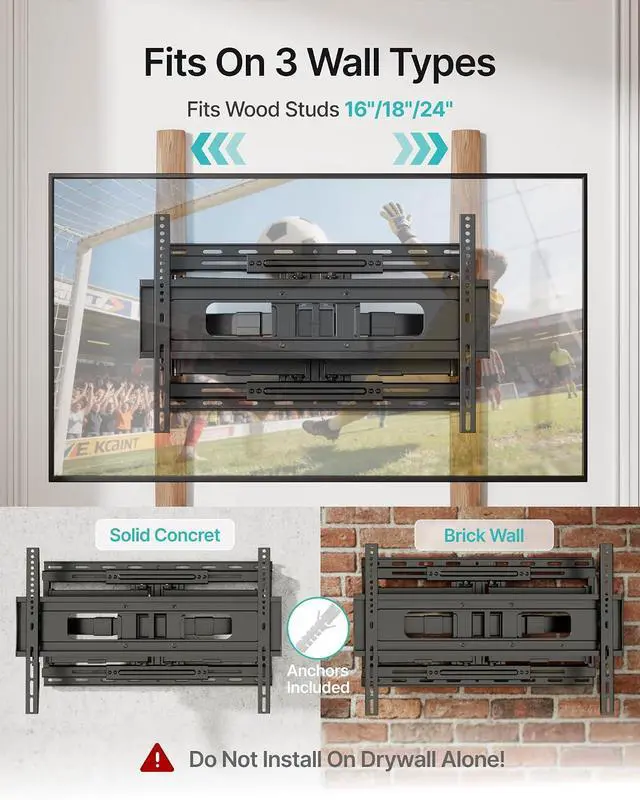 Alt view image 5 of 7 - Full Motion TV Wall Mount for 37-90 Inch TVs up to 176lbs, 25.4" Extension, Swivel Heavy Duty TV Bracket, Sliding Dual Arms for Off-Center Studs, Fits 16"/ 18" /24", VESA 600x400