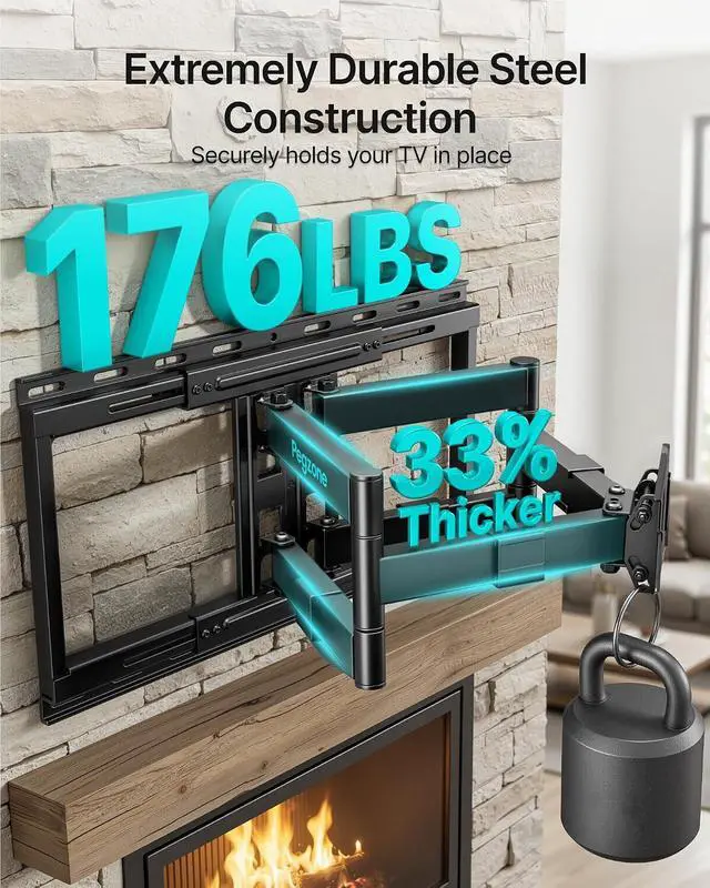 Alt view image 4 of 7 - Full Motion TV Wall Mount for 37-90 Inch TVs up to 176lbs, 25.4" Extension, Swivel Heavy Duty TV Bracket, Sliding Dual Arms for Off-Center Studs, Fits 16"/ 18" /24", VESA 600x400