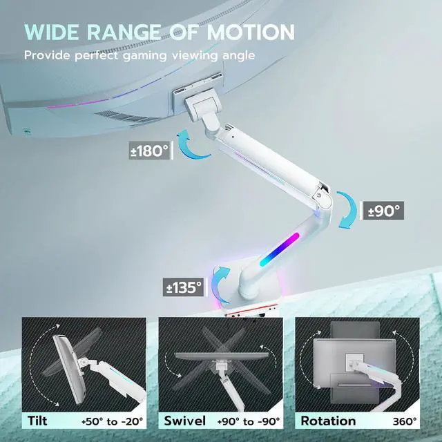 Alt view image 4 of 7 - Gas Spring Monitor Arm with RGB, Ultrawide Monitor Mount for 17-49 Inch Heavy Duty Screen up to 44lbs, Adjustable Gaming Computer Single Monitor Arm for Desk, White