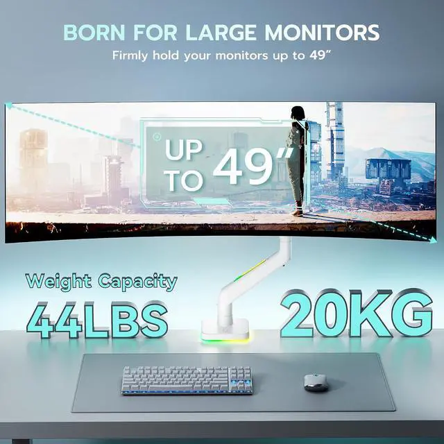 Alt view image 5 of 7 - Gas Spring Monitor Arm with RGB, Ultrawide Monitor Mount for 17-49 Inch Heavy Duty Screen up to 44lbs, Adjustable Gaming Computer Single Monitor Arm for Desk, White