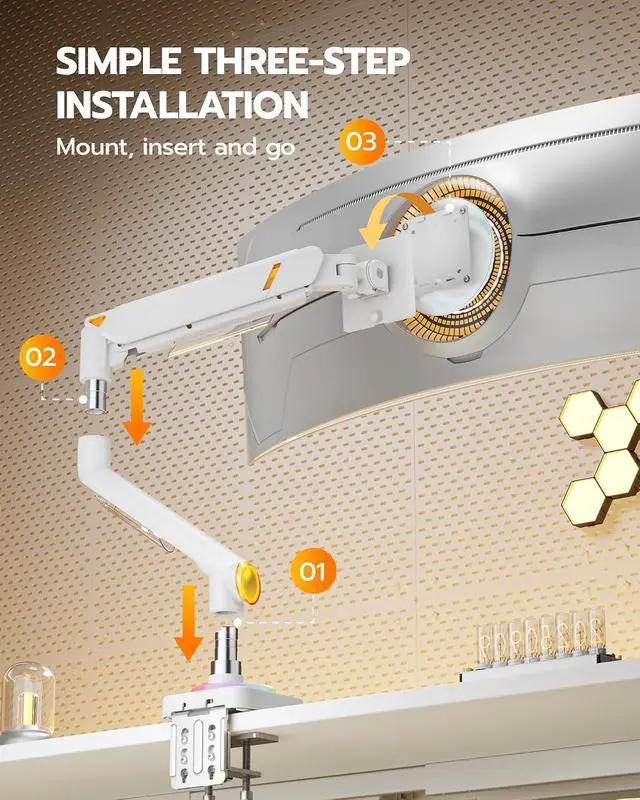 Alt view image 7 of 7 - Monitor Arm with RGB, Ultrawide Single Monitor Mount for 17"-49", Heavy Duty Mechanical Spring Monitor Stand Holds up to 44lbs, 75/100 VESA Mount with Clamp/Grommet Base, White