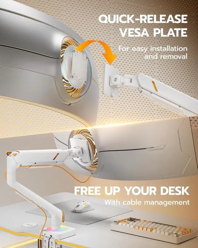 Alt view image 6 of 7 - Monitor Arm with RGB, Ultrawide Single Monitor Mount for 17"-49", Heavy Duty Mechanical Spring Monitor Stand Holds up to 44lbs, 75/100 VESA Mount with Clamp/Grommet Base, White