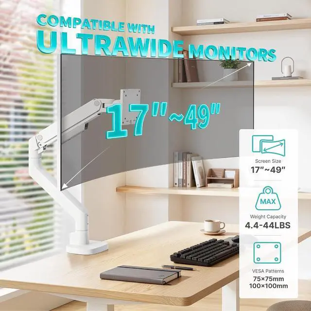 Alt view image 2 of 7 - Heavy Duty Single Monitor Arm, Gas Spring Monitor Mount for 17-49 Inch Ultrawide Screens, Computer Monitor Stand for Desk with C-Clamp/Grommet Base up to 44 lbs, VESA 75/100mm, White