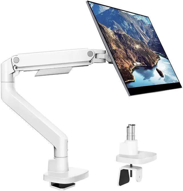Main image of Heavy Duty Single Monitor Arm, Gas Spring Monitor Mount for 17-49 Inch Ultrawide Screens, Computer Monitor Stand for Desk with C-Clamp/Grommet Base up to 44 lbs, VESA 75/100mm, White