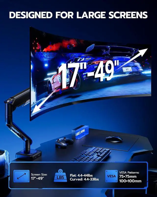 Alt view image 2 of 7 - Monitor Arm for 17"-49", Ultrawide Single Monitor Mount Holds up to 44lbs, Heavy Duty Mechanical Spring Monitor Stand with USB, 75/100 VESA Mount with Clamp/Grommet Base, Black