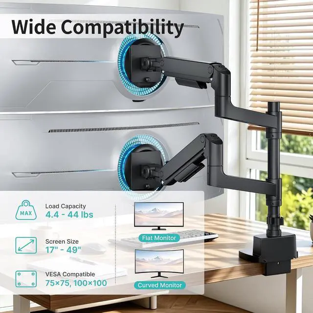 Alt view image 2 of 7 - Dual Monitor Arm for 17-49Ultrawide Monitors, Heavy Duty Dual Monitor Mount Holds 44 lbs, Full Motion Gas Spring Vertical Desk Mount, 75/100 VESA Mount, Black with USB