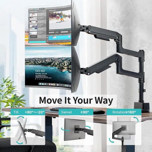 Alt view image 4 of 7 - Dual Monitor Arm for 17-49Ultrawide Monitors, Heavy Duty Dual Monitor Mount Holds 44 lbs, Full Motion Gas Spring Vertical Desk Mount, 75/100 VESA Mount, Black with USB
