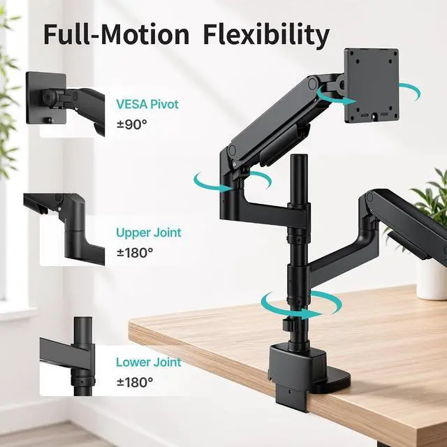 Alt view image 5 of 7 - Dual Monitor Arm for 17-49Ultrawide Monitors, Heavy Duty Dual Monitor Mount Holds 44 lbs, Full Motion Gas Spring Vertical Desk Mount, 75/100 VESA Mount, Black with USB