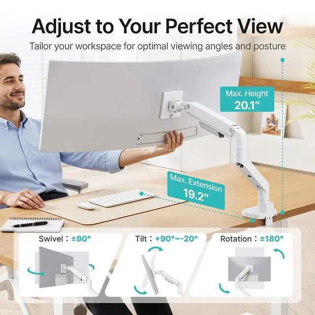 Alt view image 4 of 7 - Heavy Duty Single Monitor Arm, Gas Spring Monitor Mount for 17-49 Inch Ultrawide Screens, Computer Monitor Stand for Desk with C-Clamp/Grommet Base up to 44 lbs, VESA 75/100mm, White
