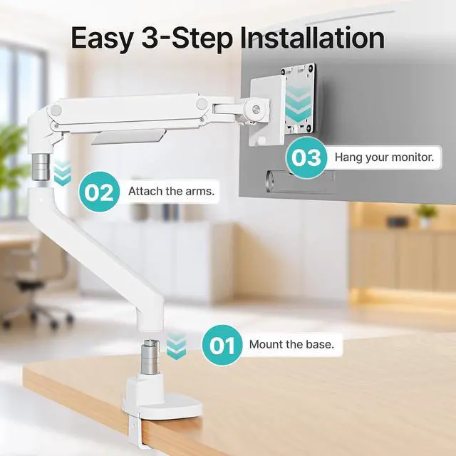 Alt view image 7 of 7 - Heavy Duty Single Monitor Arm, Gas Spring Monitor Mount for 17-49 Inch Ultrawide Screens, Computer Monitor Stand for Desk with C-Clamp/Grommet Base up to 44 lbs, VESA 75/100mm, White
