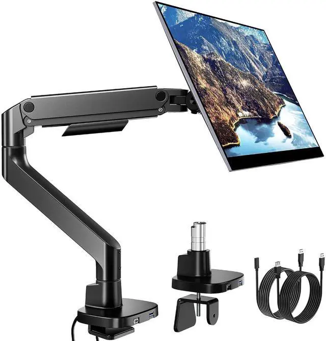 Main image of Heavy Duty Single Monitor Arm, Gas Spring Monitor Mount for 17-49 Inch Ultrawide Screens with USB, Computer Monitor Stand for Desk with C-Clamp/Grommet Base up to 44 lbs, VESA 75/100mm, Black