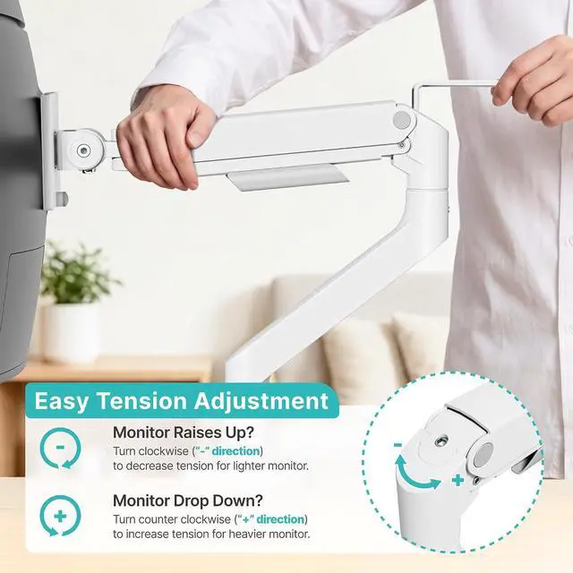 Alt view image 6 of 7 - Heavy Duty Single Monitor Arm, Gas Spring Monitor Mount for 17-49 Inch Ultrawide Screens, Computer Monitor Stand for Desk with C-Clamp/Grommet Base up to 44 lbs, VESA 75/100mm, White