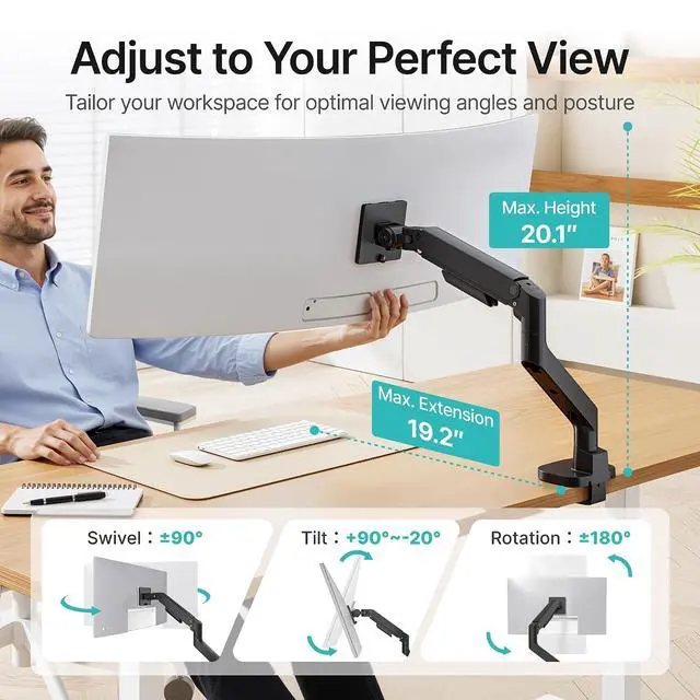 Alt view image 4 of 7 - Heavy Duty Single Monitor Arm, Gas Spring Monitor Mount for 17-49 Inch Ultrawide Screens with USB, Computer Monitor Stand for Desk with C-Clamp/Grommet Base up to 44 lbs, VESA 75/100mm, Black