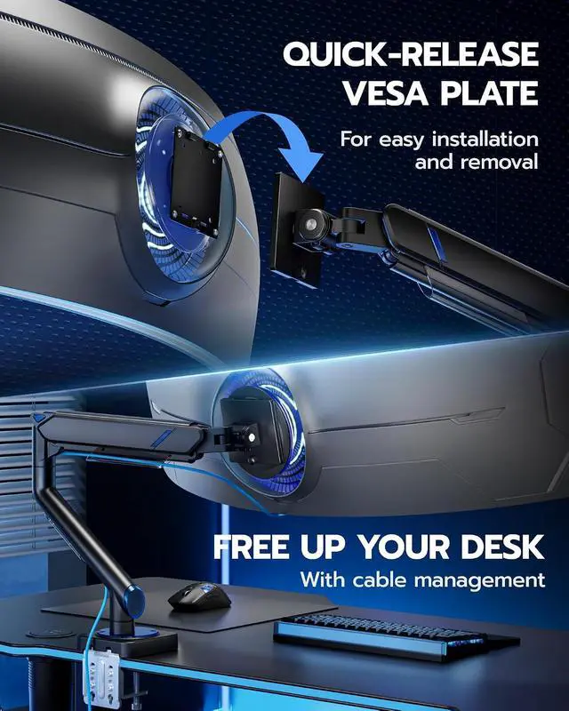 Alt view image 6 of 7 - Monitor Arm for 17"-49", Ultrawide Single Monitor Mount Holds up to 44lbs, Heavy Duty Mechanical Spring Monitor Stand with USB, 75/100 VESA Mount with Clamp/Grommet Base, Black