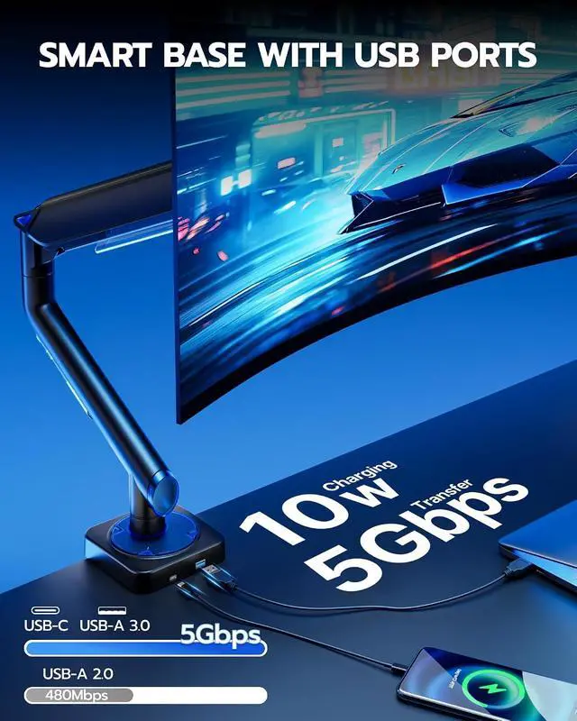 Alt view image 5 of 7 - Monitor Arm for 17"-49", Ultrawide Single Monitor Mount Holds up to 44lbs, Heavy Duty Mechanical Spring Monitor Stand with USB, 75/100 VESA Mount with Clamp/Grommet Base, Black