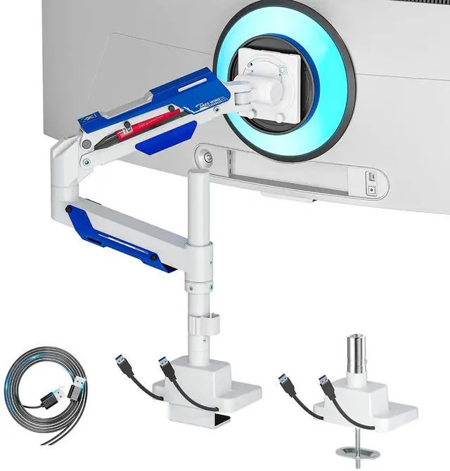 Main image of CoreArm Single Monitor Mount with USB, Ultrawide Monitor Arm for 24 to 57'' Heavy Duty Curved Screen, Adjustable Gas Spring Monitors Arm Stand up to 66LBS with 75/100/200 Vesa Mount, White