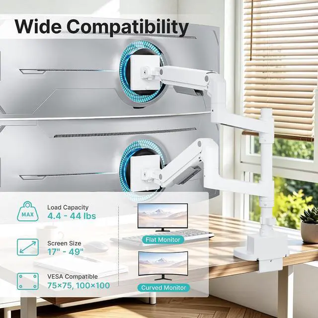 Alt view image 2 of 7 - Dual Monitor Arm for 17-49Ultrawide Monitors, Heavy Duty Dual Monitor Mount Holds 44 lbs, Full Motion Gas Spring Vertical Desk Mount, 75/100 VESA Mount, White