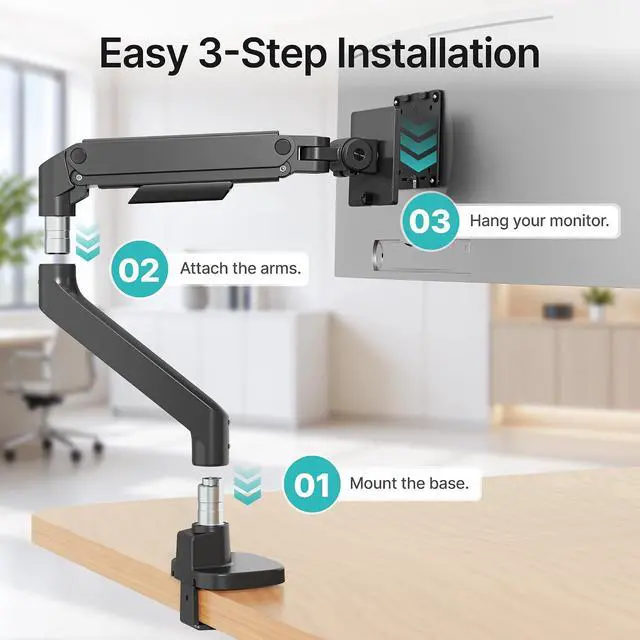 Alt view image 7 of 7 - Heavy Duty Single Monitor Arm, Gas Spring Monitor Mount for 17-49 Inch Ultrawide Screens with USB, Computer Monitor Stand for Desk with C-Clamp/Grommet Base up to 44 lbs, VESA 75/100mm, Black