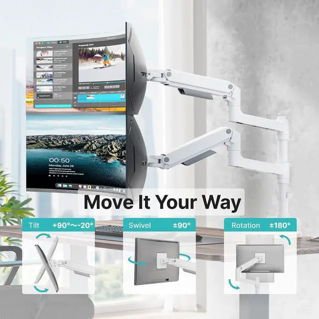 Alt view image 4 of 7 - Dual Monitor Arm for 17-49Ultrawide Monitors, Heavy Duty Dual Monitor Mount Holds 44 lbs, Full Motion Gas Spring Vertical Desk Mount, 75/100 VESA Mount, White