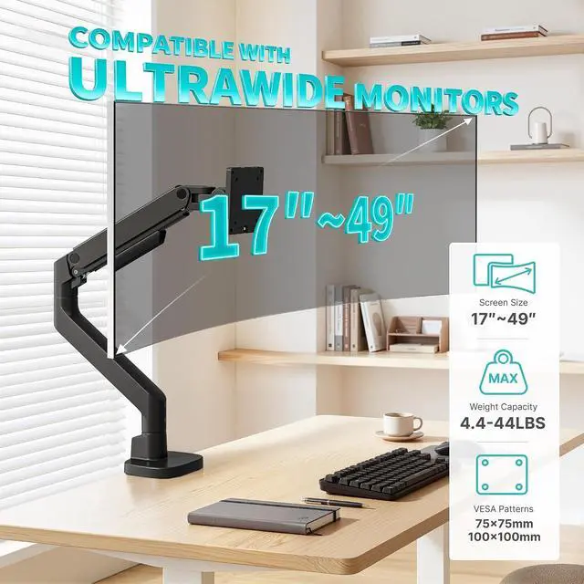 Alt view image 2 of 7 - Heavy Duty Single Monitor Arm, Gas Spring Monitor Mount for 17-49 Inch Ultrawide Screens, Computer Monitor Stand for Desk with C-Clamp/Grommet Base up to 44 lbs, VESA 75/100mm, Black