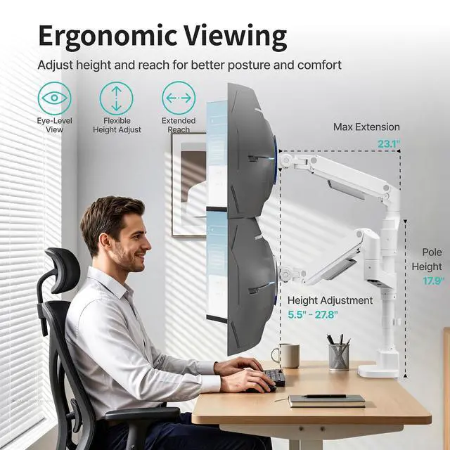 Alt view image 6 of 7 - Dual Monitor Arm for 17-49Ultrawide Monitors, Heavy Duty Dual Monitor Mount Holds 44 lbs, Full Motion Gas Spring Vertical Desk Mount, 75/100 VESA Mount, White