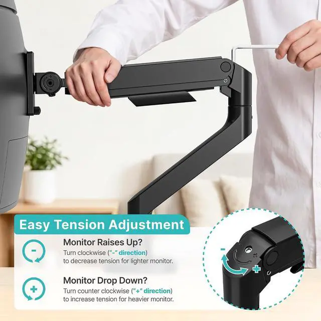 Alt view image 6 of 7 - Heavy Duty Single Monitor Arm, Gas Spring Monitor Mount for 17-49 Inch Ultrawide Screens, Computer Monitor Stand for Desk with C-Clamp/Grommet Base up to 44 lbs, VESA 75/100mm, Black