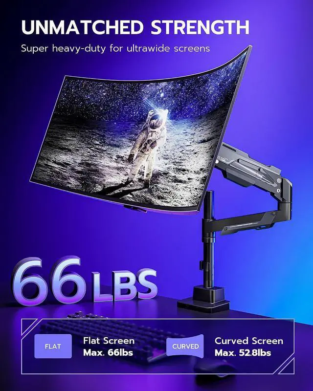 Alt view image 2 of 7 - CoreArm Single Monitor Mount, Ultrawide Monitor Arm for 24 to 57'' Heavy Duty Curved Screen, Adjustable Gas Spring Monitors Arm Stand up to 66LBS with 75/100/200 Vesa Mount, Black