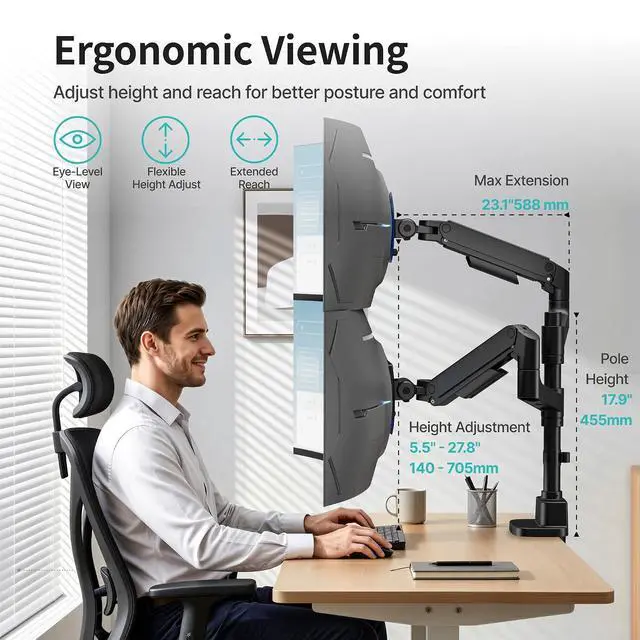 Alt view image 6 of 7 - Dual Monitor Arm for 17-49Ultrawide Monitors, Heavy Duty Dual Monitor Mount Holds 44 lbs, Full Motion Gas Spring Vertical Desk Mount, 75/100 VESA Mount, Black with USB