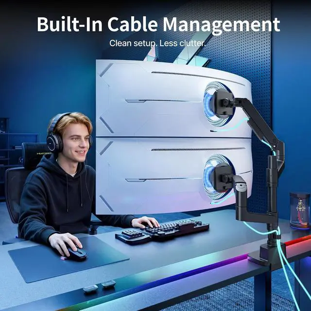 Alt view image 7 of 7 - Dual Monitor Arm for 17-49Ultrawide Monitors, Heavy Duty Dual Monitor Mount Holds 44 lbs, Full Motion Gas Spring Vertical Desk Mount, 75/100 VESA Mount, Black with USB