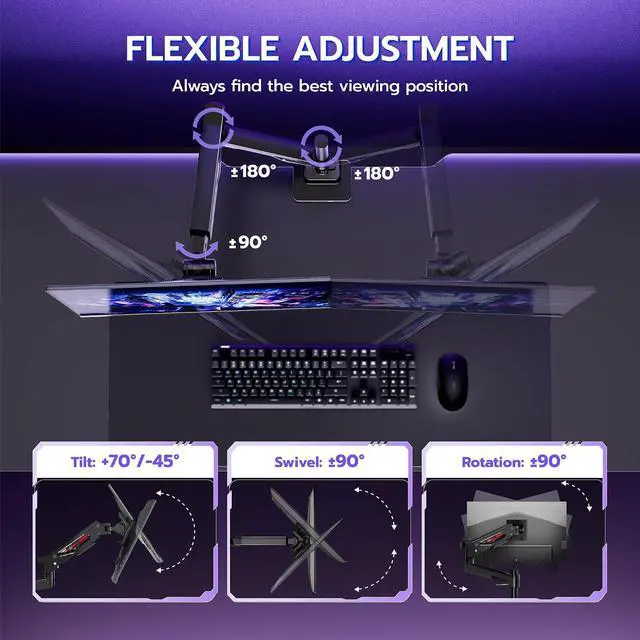 Alt view image 3 of 7 - Heavy Duty Monitor Arm, Ultrawide Monitor Stand up to 57 and 66 Lbs, Gas Sprinq Monitor Mount with USB, Height Adjustable Arms Monitor Stand, Various VESA Mount with Clamp/Grommet Base
